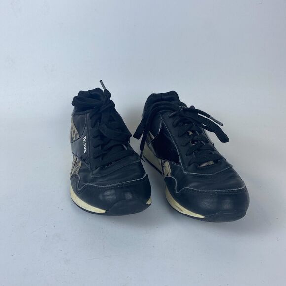 Reebok Royal 422 Sports Shoes Girls Size 4.5 Black Leopard Print Leather Lace up - Picture 1 of 10